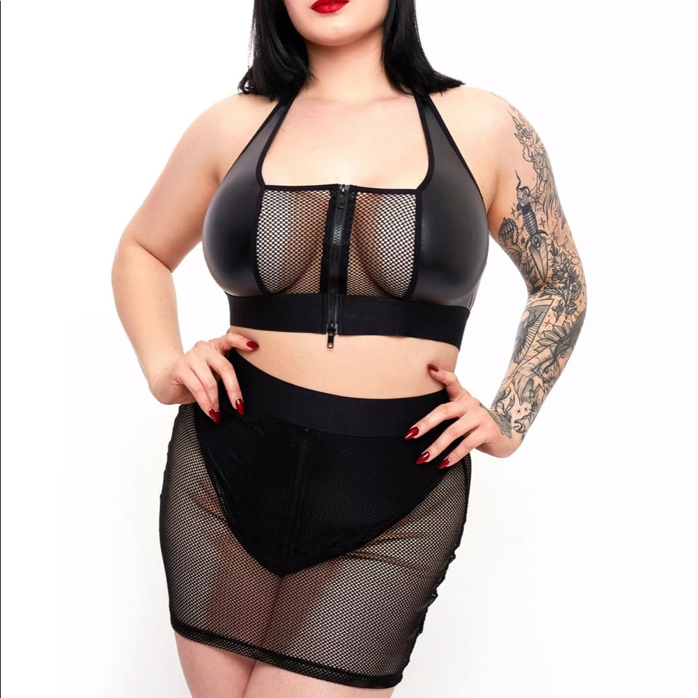 NWT Plus Wet Look and Fishnet Bra and Skirt Set